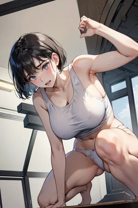 Bobcut、Black-haired 、School、White tank top、Desperate form、Sweaty all over、indoor、Many male students are watching、Composition from below、Huge breasts、Plain white panties、in motion、Grit your teeth、Squat、Legs open more than 180 degrees、With legs wide open、Emb...