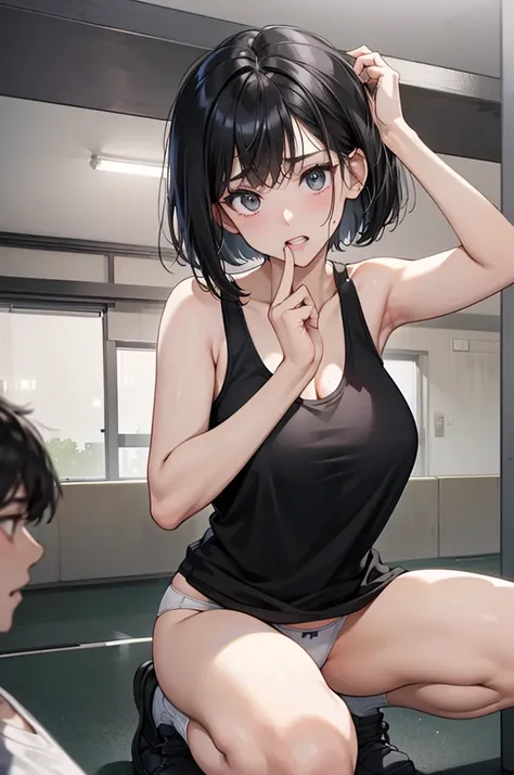 Bobcut、Black-haired 、School、White tank top、Desperate form、Sweaty all over、indoor、Many male students are watching、Composition from below、Huge breasts、Plain white panties、in motion、Grit your teeth、Squat、Legs open more than 180 degrees、With legs wide open、Emb...