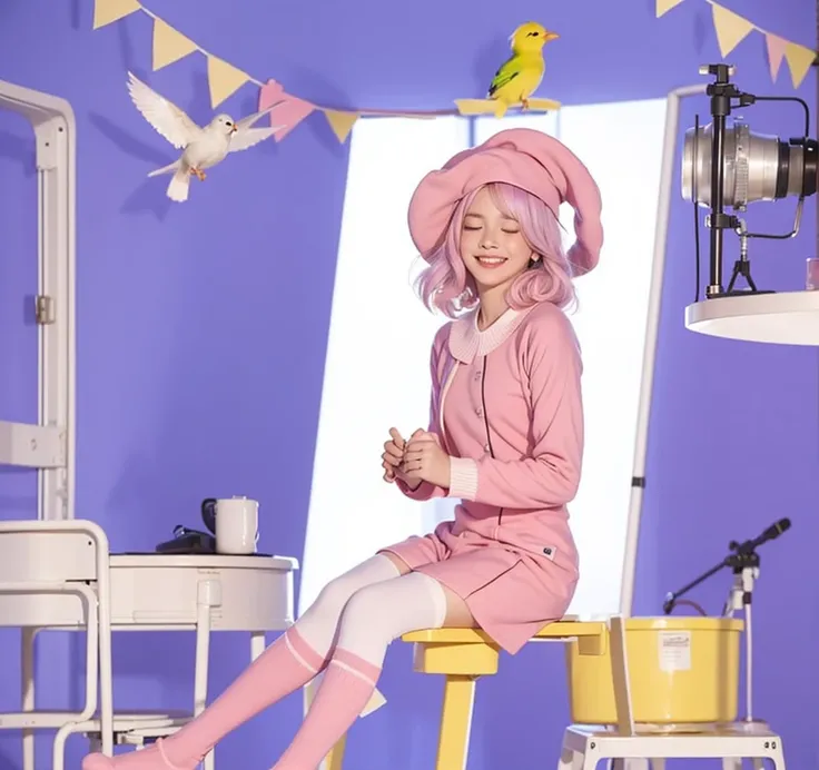 Live-action adaptation,Bird-colored hair,Hair length: bob,Singing with eyes closed and a smile,Pink uniform,Pink long socks,Pink newsboy cap