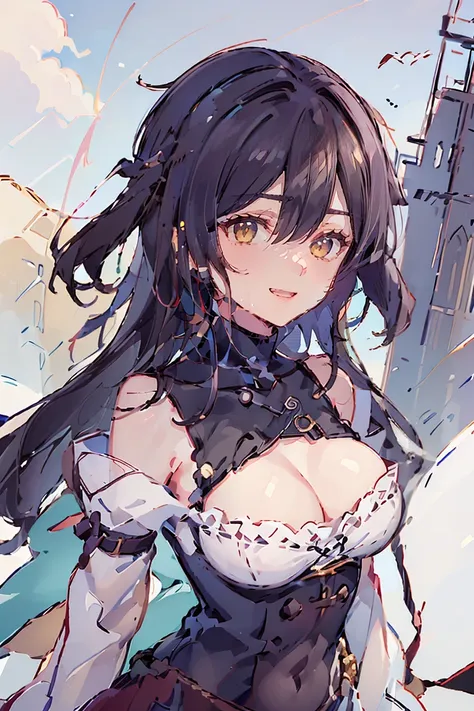 (masterpiece:1.2), (high quality:1.2), (hui xiyi:0.75), rekkyo sensen, rekkyou sensen, girls with((black hair, (tits cleavage:1.15), (breasts close up:1.15), (suspenders:1.2), (dress:0.65), (blue clothes:1.05), (belts:0.7), (frills shirt:1.2), (white knit ...