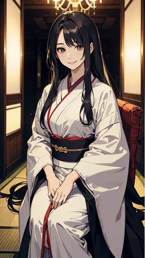 Japanese, adult woman, middle age, long hair, elegant long-sleeved dress, looking towards the camera, smiling