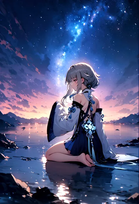 masterpiece, best quality, 1 Girl, Solitary, guizhong_Genshin Impact, default_skirt, From the back, Kneeling on the ground,Starry sky print, Sleeves that cover the wrists, barefoot