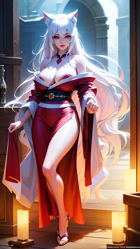 A beautiful girl with cat ears, long white hair, and a furry cat tail, red eyes, wearing white kimono with red details, slender figure with large breasts, (best quality,4k,8k,highres,masterpiece:1.2),ultra-detailed,(realistic,photorealistic,photo-realistic...