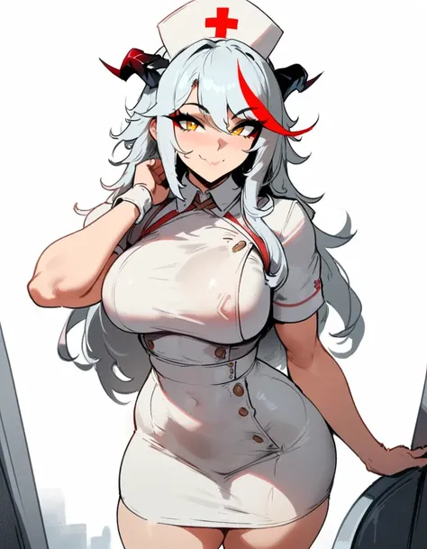 1girl, aegir (azur lane), azur lane  masterpiece, best quality, very aesthetic, absurdres, newest  sportive body,   by nyantcha,,by cutesexyrobutts,by khyle ///// white hair with a single prominent red streak, black horns, yellow eyes,  , white (nurse outf...