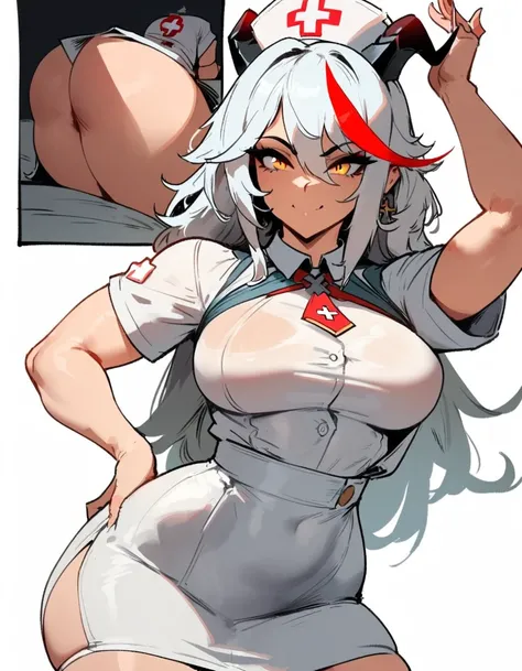 1girl, aegir (azur lane), azur lane  masterpiece, best quality, very aesthetic, absurdres, newest  sportive body,   by nyantcha,,by cutesexyrobutts,by khyle ///// white hair with a single prominent red streak, black horns, yellow eyes,  , white (nurse outf...