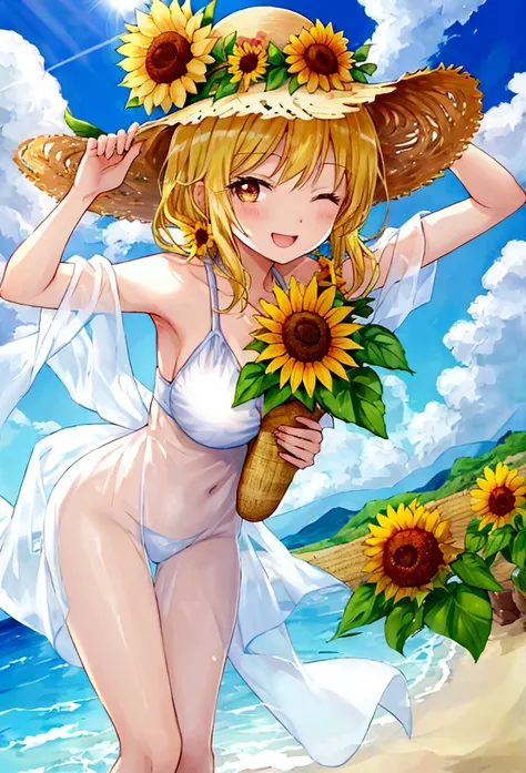 Summer sky、sunflower、Straw hat、Big smile、Oxytocin、One Piece Appears、Please open your mouth wide、Wink、bright, Energetic and aggressive、