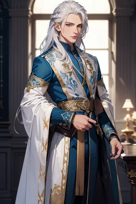 ((Highest quality)), ((masterpiece)), (detailed), Blue clothes and national costumes，A man with long silvery hair，Young handsome man