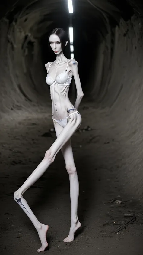 a woman, very thin body, body visible bones, very slender, pale white skin, panties, bra,tatto, full body, has a mental breakdown in an underground prison.