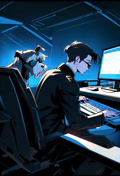 master part, about schnauzer, matrix style, black greatcoat, typing on a keyboard, sitting on a chair in front of the PC, sun glasses, Dynamic angle, best quality, 4K,