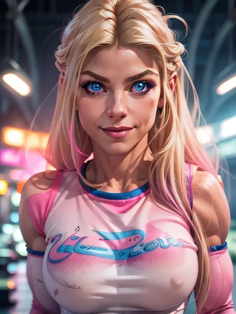 ((1girl solo focus)), Girl, long blonde hair, blue eyes, (wearing a pink and blue long-sleeved shirt, Close smile, high definition, Ultra Quality Hair, ultra quality face, Ultra quality image, Lights Cinematic, medium shots, (muscular physique, muscular ar...