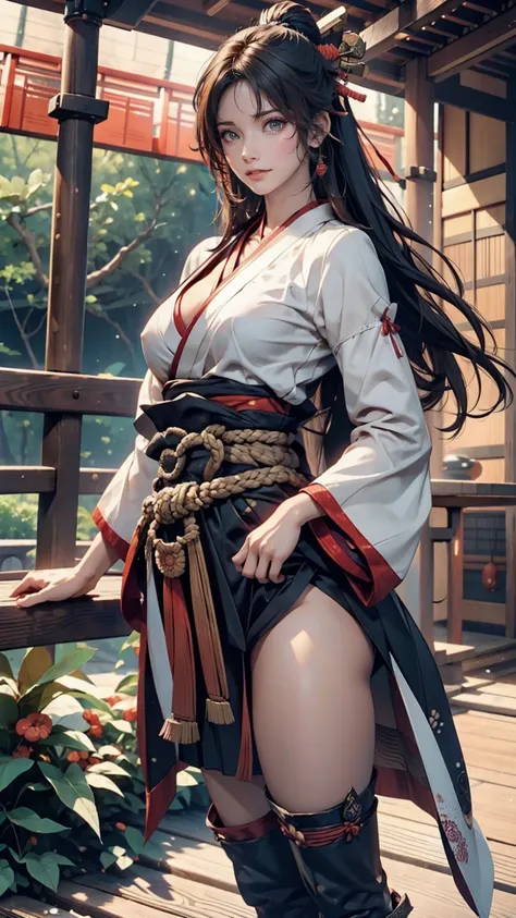 24 year old Caucasian female、Sexy proportions、Sexy、Breasts protruding forward（Rocket Boobs)、Samurai costume、Small sleeves、Hakama、Sandals、Put a Japanese sword on your waist