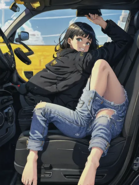 curd ghee, one girl, drive pose, jeans, feet裏, teeth, black jacket,  feet,