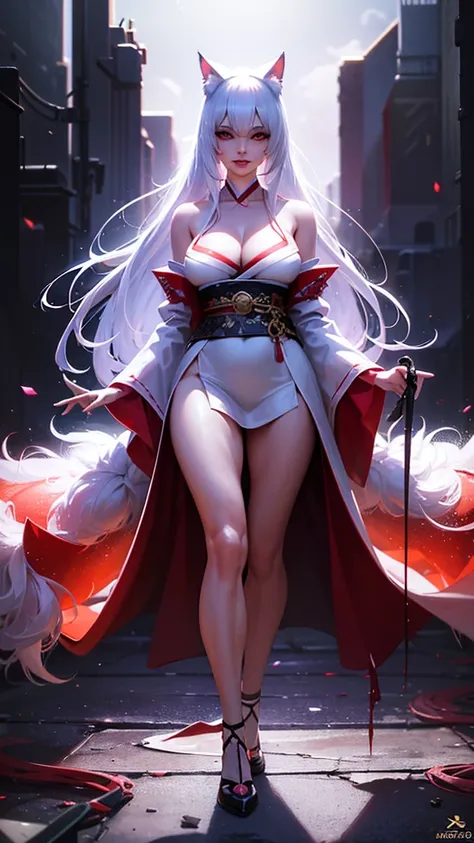 A beautiful girl with cat ears, long white hair, and a furry cat tail, red eyes, wearing white kimono with red flowers details, slender figure with large breasts, (best quality,4k,8k,highres,masterpiece:1.2),ultra-detailed,(realistic,photorealistic,photo-r...