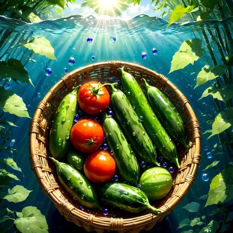 A close-up shot, through the crystal-clear water of a mountain stream, of a weathered bamboo basket overflowing with summers bounty. Three plump, red tomatoes glisten in the filtered sunlight, their forms slightly distorted by the water. Four vibrant green...