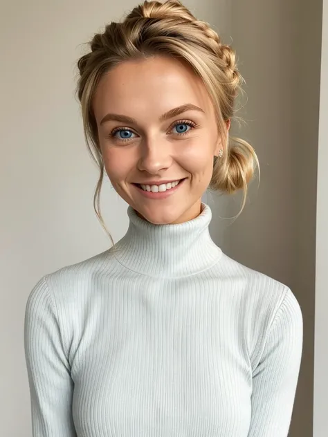 photo of a playful cute blonde teen submissive wife with big bulging beautiful eyes, messy long hair thrown into a messy bun ponytail. She wears: (turtleneck high ribbed bright tight white sweater:1.1), submissive seductive pose, high tight ribbed neck, se...