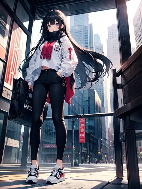 1girl,,legwear,,anklet,black hair,straight_hair,hime cut,long hair,sneakers,huge filesize,scarf，Black pants