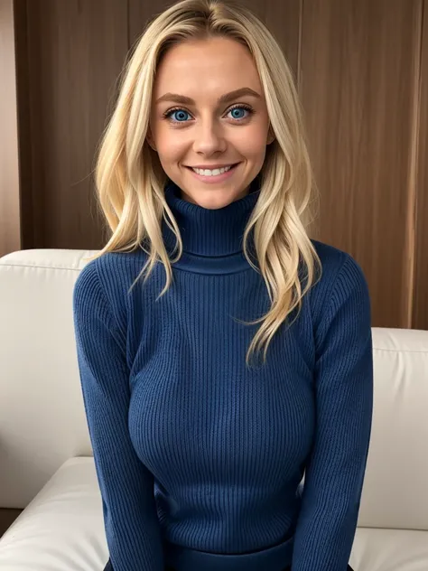 photo of a playful cute slutty horny blonde teen submissive wife with big bulging beautiful eyes, She wears: (turtleneck high ribbed bright tight dark blue sweater:1.1), submissive seductive pose, high tight ribbed neck, seductive smile, perfect fake tits,...