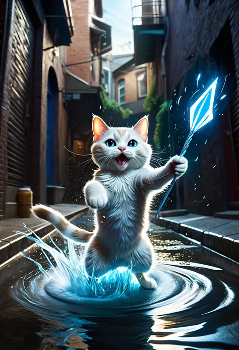 an anthropomorphic cat wearing white linen is depicted in an action pose, swirling water with an arrow symbol in cat hand, floating above a street in a dark city alleyway, swirling magic effects and swirling energy waves surround cat, with a blue glow on c...