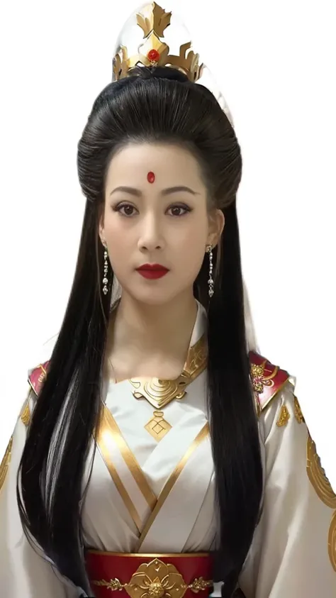 Close-up of a woman with long hair wearing a gold and purple dress, White Ji haircut, Wearing a golden crown，ancient Chinese Princess, Chinese Princess, Chinese Queen, Ancient Asian Dynasty Princess, Geisha Hairstyle, Traditional female hairstyle, Inspired...