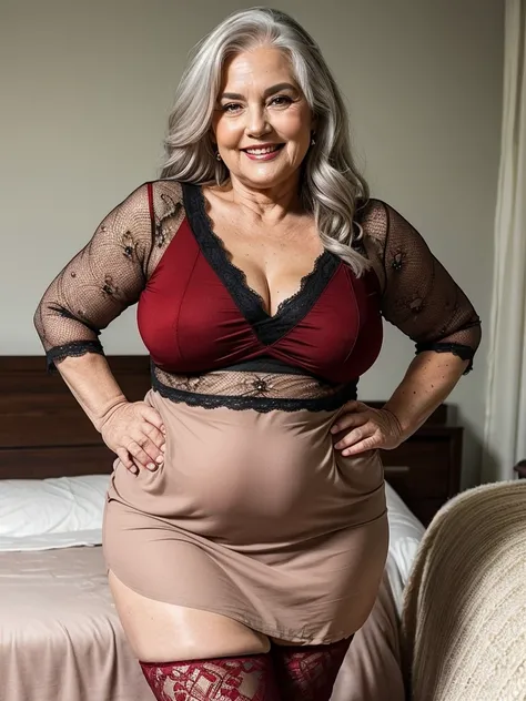 Mature old woman 80 years with hair, plus size, overweight, old face and body with many wrinkles, smiling, loose skin, standing at her bedroom posing for photo, She wearing red mini dress and black lace stockings. jaw dropping mature older beauty, old face...