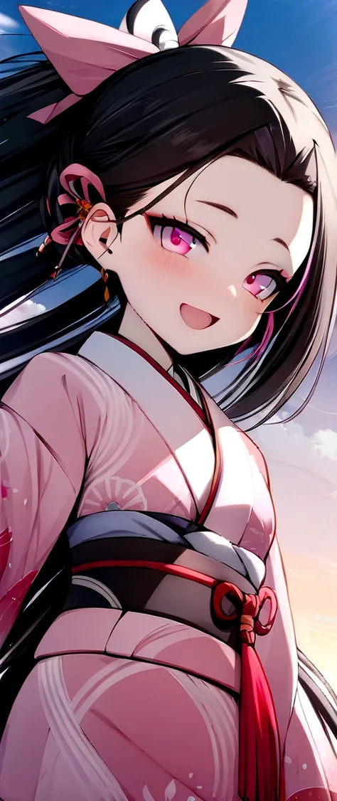 (((masterpiece))), hinata huyga , 1girl, black hair, forehead, hair ribbon, japanese clothes, kimono, long hair, multicolored hair, open mouth, pink eyes, pink kimono, pink ribbon, ribbon, smile, very long hair, sky,  