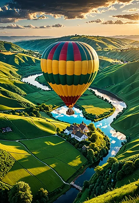 a couple in a hot air balloon, stunning landscape below, dramatic clouds, golden hour lighting, intricate details, cinematic composition, photorealistic, (best quality,4k,8k,highres,masterpiece:1.2),ultra-detailed,(realistic,photorealistic,photo-realistic:...