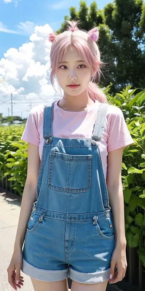 masterpiece,best quality, 1girl,solo,haru urara,overalls,overall shorts,flower-shaped pupils,loli,pink shirt,holding ice cream,(horse tail:0.6),cloudy, 