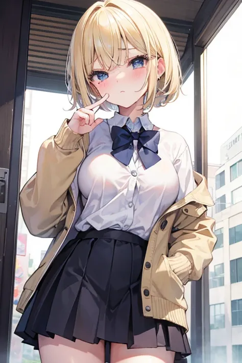 masterpiece　blonde　Bob　high school girl　small　Big Breasts　Are crying　cardigan　Put your index finger over your mouth　whole body　Gal Detective　thin