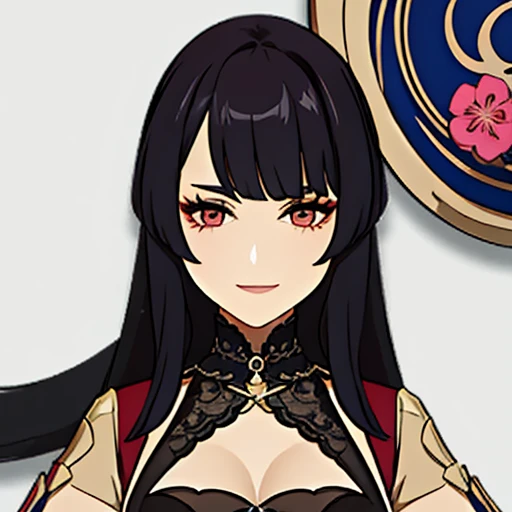 [a handsome, mature woman with a seductive smile and parted lips against a white background. She has sharp eyelashes, eyes browns, and long black hair with bangs. His figure is voluptuous, with a narrow waist, Broad Hips, and huge breasts. The image has an...