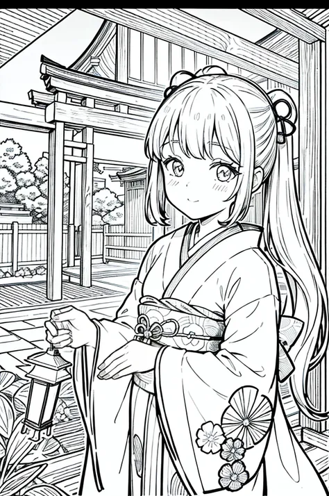 As a coloring book, the color should be black and white, the border should be simple, clear, and bold. [Girl with pigtails] wearing a [kimono with waves pattern] holding a [paper lantern] at the [Gion Matsuri festival] in Kyoto, Japan, with [sakura hair cl...