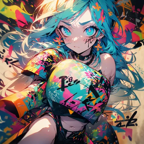 masterpiece, Highest quality, One girl, alone, Crop top, Shorts, choker, (graffiti:1.5), Against the wall, View your viewers,  Thighs、Tilt your head, Multicolored Hair, Aqua Eye, flower、