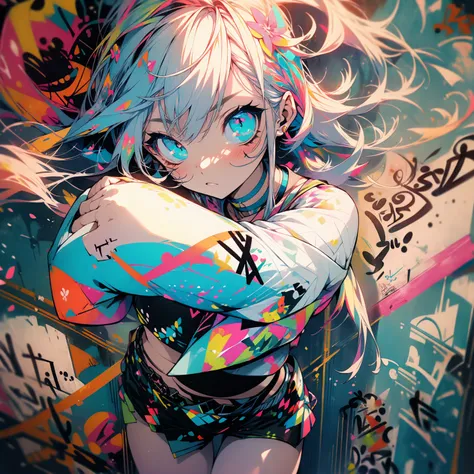 masterpiece, Highest quality, One girl, alone, Crop top, Shorts, choker, (graffiti:1.5), Against the wall, View your viewers,  Thighs、Tilt your head, Multicolored Hair, Aqua Eye, flower、