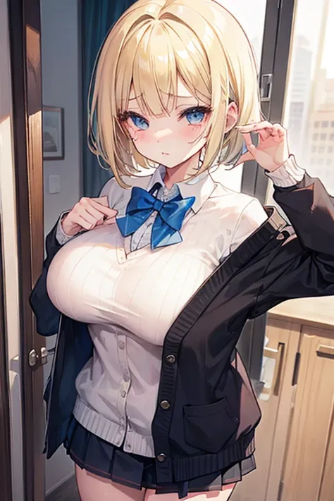 masterpiece　blonde　Bob　high school girl　small　Big Breasts　Are crying　cardigan　whole body　Gal Detective　thin