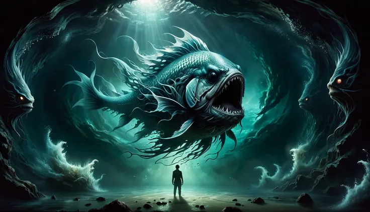 The interior of the great fish, envisioned as a dark, cavernous, and supernatural space that feels otherworldly and threatening.
Subject: Jonah is seen inside this demonic belly, surrounded by a nightmarish environment with dark, organic walls and glowing,...