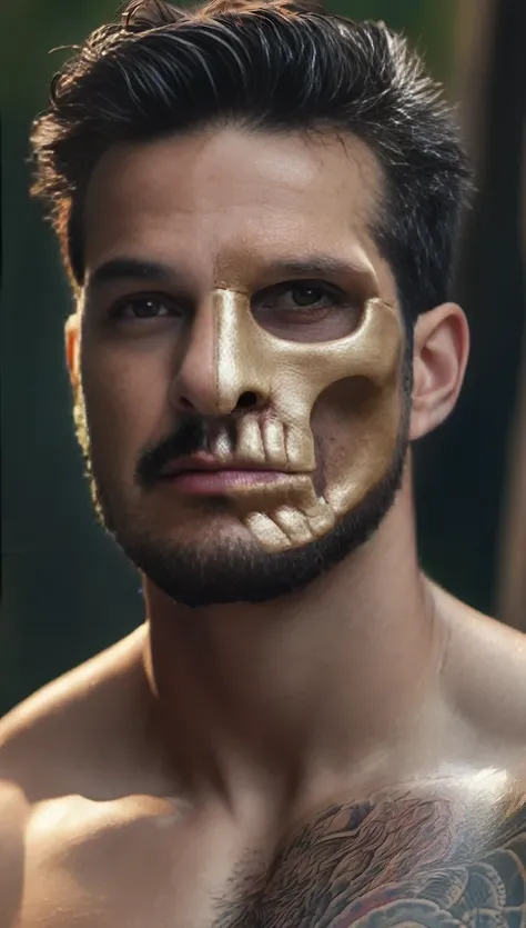 a close up of a man with a skull on his head, skull protruding from his face, skull face, skull shaped full face covering, skeleton face, symmetrical face, skeleton face, face with skull mask, half face skull, skull mask, the mans head is a skull, white sk...