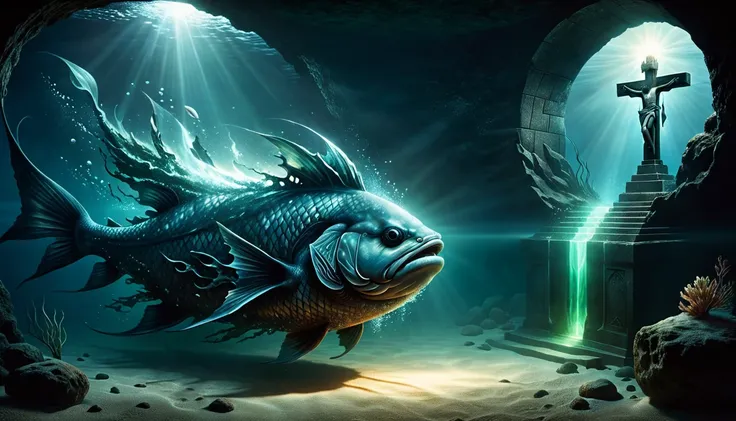 A dual-scene visual that splits between Jonah’s entrapment inside the demonic fish and the aftermath of Jesus’ crucifixion, creating a symbolic link.
Subject: On the left, Jonah is depicted in the belly of the sinister fish, surrounded by darkness and glow...