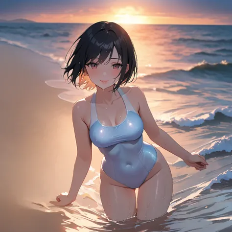 masterpiece, (solo:2), (1 lewd girl:1.5), (short hair), (black hair), (full body), (light color swimsuit), (medium breast), smile, sweat, (wet hair), (wet swimsuit), (lips apart), (swimming in a sea), (summer beach), sunset,