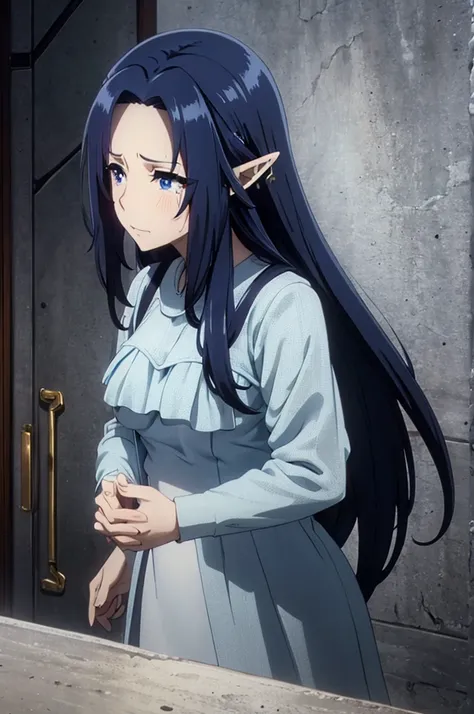 ((dark blue hair,,long hair,blue eyes)),pointy ears,elf,sweet,tears,cry
