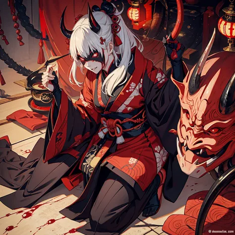 An oni, Japanese famale demon, horns and Terrifying mask,  with a blood red kimono and her geta, traditional Japanese footwear . In the style of Wayne barlowe