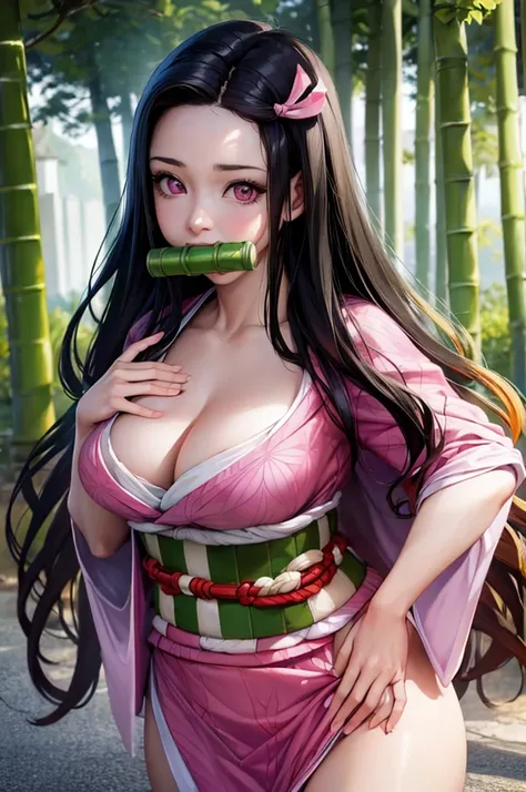 masterpiece, best quality, highly detailed, ultra high res, (photorealistic:1.8), unreal_engine, photograph, realistic_skin_texture, nezuko, kamado nezuko, 1girl, solo, long hair, black hair, pink eyes, multicolored hair, hair ribbon, (bamboo gag, bite gag...