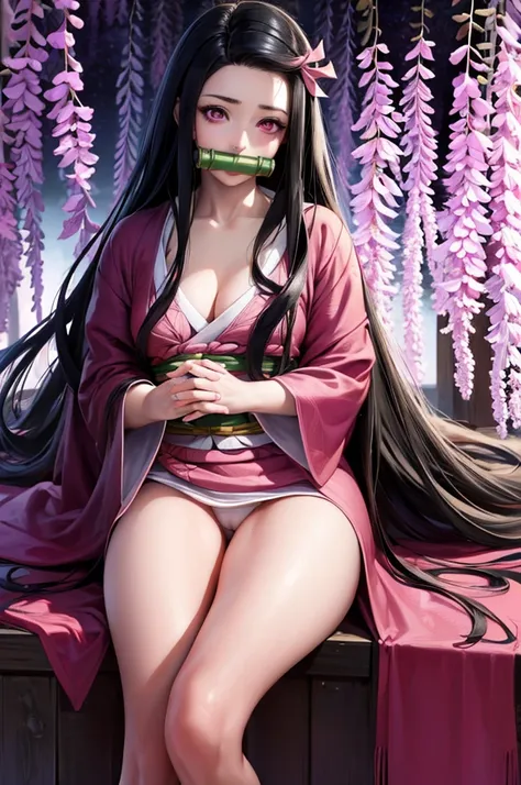 masterpiece, best quality, highly detailed, ultra high res, (photorealistic:1.8), unreal_engine, photograph, realistic_skin_texture, nezuko, kamado nezuko, 1girl, solo, long hair, black hair, pink eyes, multicolored hair, hair ribbon, (bamboo gag, bite gag...