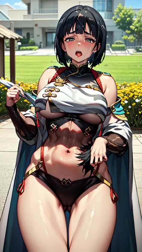 (syncope),アニメ,Suguha Kirigaya,black short hair,Viewed from the front,(Highly detailed face),1female,crossed eyes,(rolling eyes),open mouth,(tongue out),(crying),perky breasts,slim body