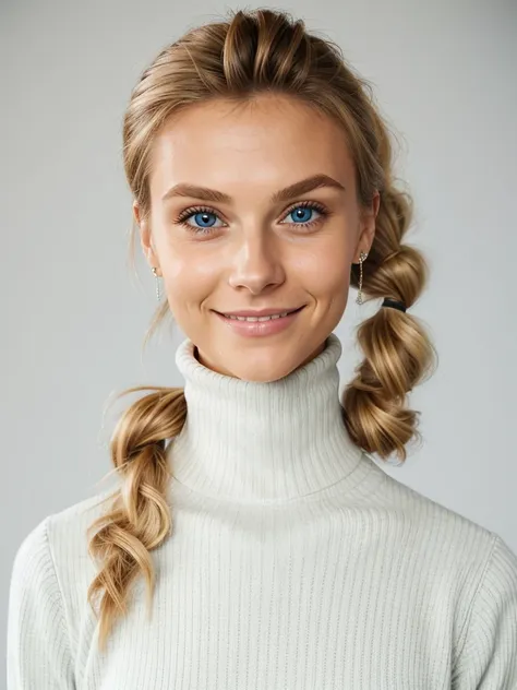 photo of a playful cute blonde teen submissive wife with big bulging beautiful eyes, messy long hair thrown into a messy bun ponytail. She wears: (turtleneck high ribbed bright tight white sweater:1.1), submissive seductive pose, high tight ribbed neck, se...