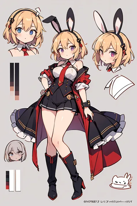 new vtuber character reference sheet, score_9,score_8_up,score_7_up, source_anime, anime, cg, Rating:Questionable, female,solo, breasts, full body, Create an image of a girly and slightly sexy bunny girl outfit. The outfit includes a bodysuit with a daring...