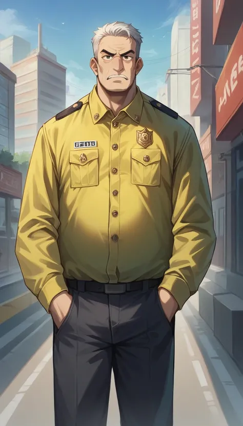 Image of a 30 year old man in a yellow security uniform. The man had a serious but friendly expression. He stood in front of the tall buildings in the city, showing a busy urban backdrop. Use the fish camera effect (Fisheye) to provide dynamic and interest...