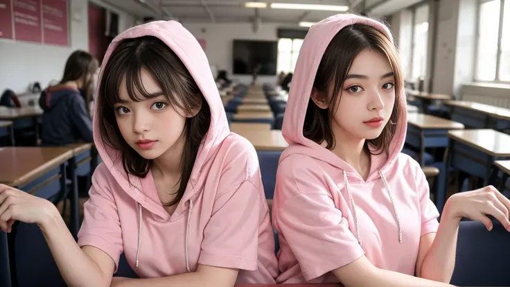 deux femmes ensemble de 18 ans sexy et mince , pink short sleeve hoodie , salle de classe, se touche,position sey,sensuel