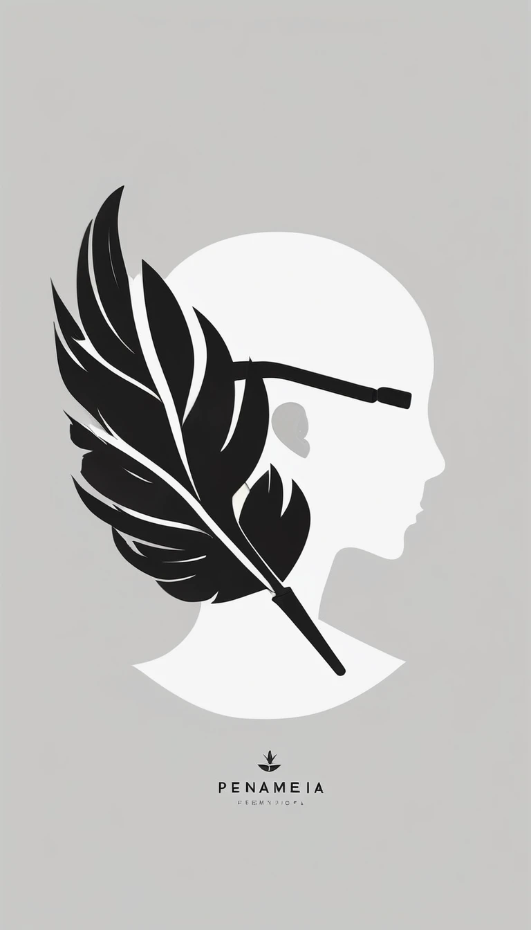 A minimal, modern, simple, cinematic logotype of a boy with a head full of feathers for the brand “Penamemoria" .