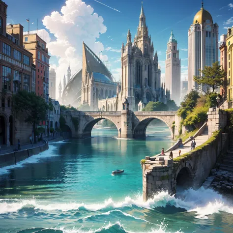 atlantean，Rise slowly from the sea，Extremely gorgeous，A shocking scene，A magnificent city，Extremely complex urban fabric，Ancient city-state，Golden Age legacy