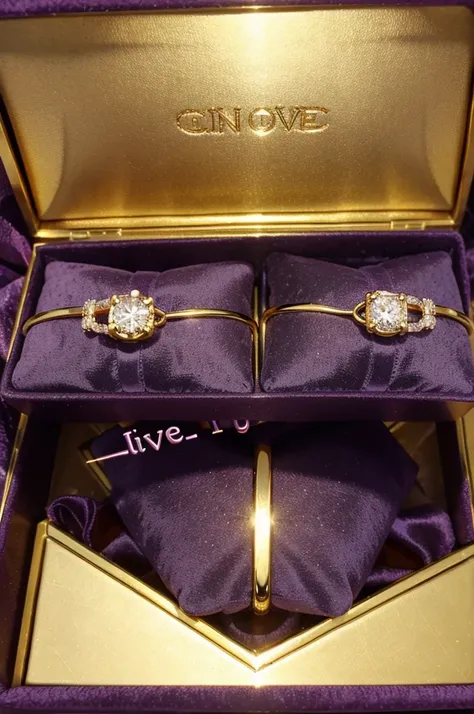 Two gold rings set with diamonds in a purple box, ibenk love happy writing in gold on the inside lid of the box