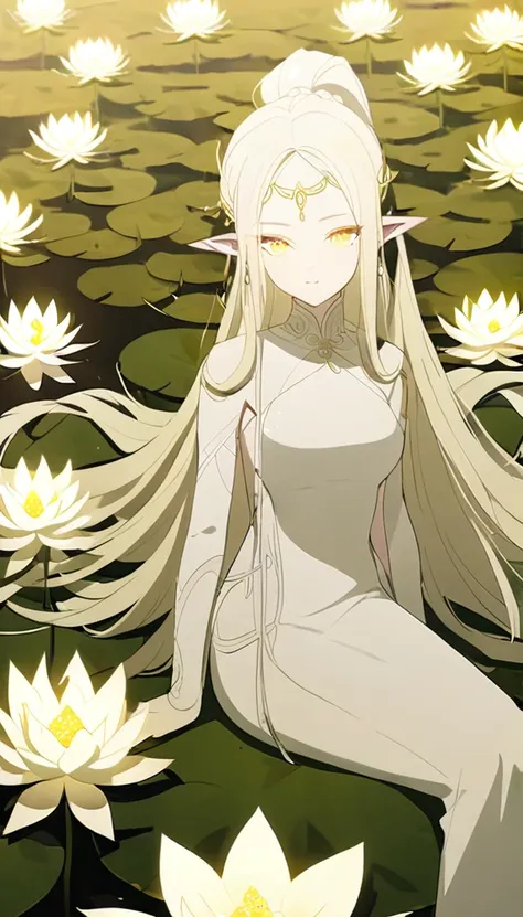 1woman, elven, light god, light blonde hair, longest hairstyle, glowing yellow eyes, sat on lotus fields, thai style, elegant, traditional thai white dress,